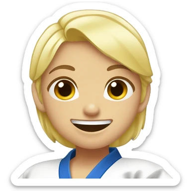 blond judo girl pointing with both hands to mouth and wide smile sticker