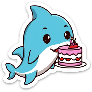 friendly shark with puckered lips kissing a decorated cake sticker