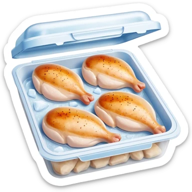 A pack of frozen chicken breasts inside a home freezer, sealed in clear plastic packaging with frost on the surface. The freezer shelves have other frozen items in the background, and cool white light reflects off the ice. Realistic photography, everyday kitchen scene. sticker