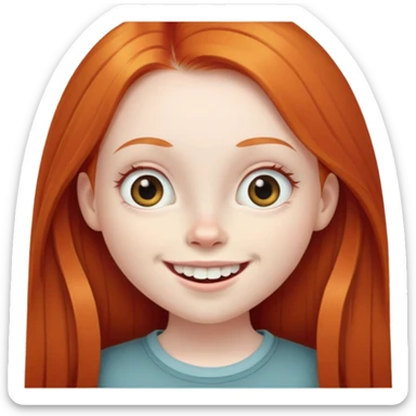 traditional emoji of young girl with very pale skin, long straight bright ginger red hair, very big wide human eyes positioned close together, wide nose, big smile with extremely large prominent teeth showing, classic round face sticker