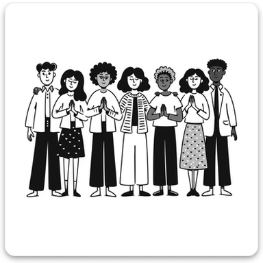 Hand-drawn illustration of people of different skin colors and ethnicities holding hands in a line, symbolizing integration and unity sticker