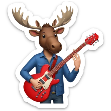  A man with the head of a moose playing a red electric guitar in Alaska. Give him a dark vibe and an attitude sticker