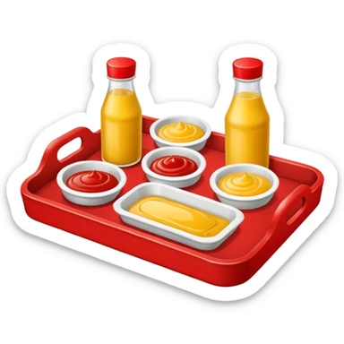 a small tray have 2 sides, ketchup and mustard sticker