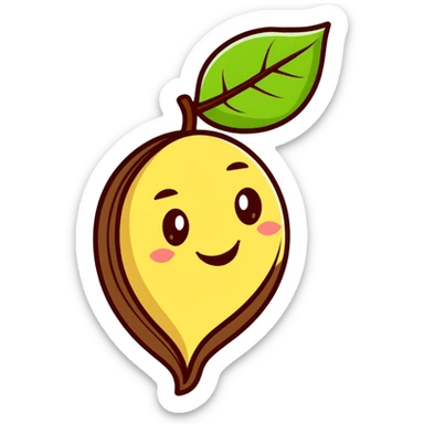 cartoon style tonka bean with a leaf, smiling face sticker
