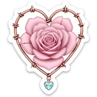 Metal Rose-gold heart shape barb wires and with chains and crystals and pastel pink roses adorning it sticker