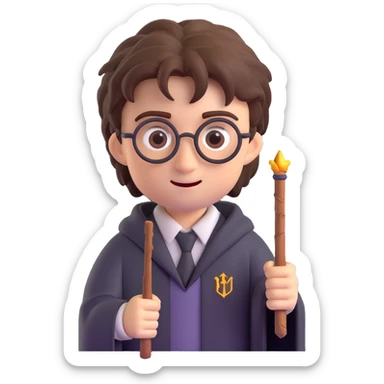 Harry Potter with messy hair and wand in 3D emoji style sticker