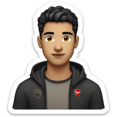 white skin 22 years old male with black hair and standard haircut also with brown eyes. Wearing an Arsenal t-shirt. Portrait mode emoji  sticker