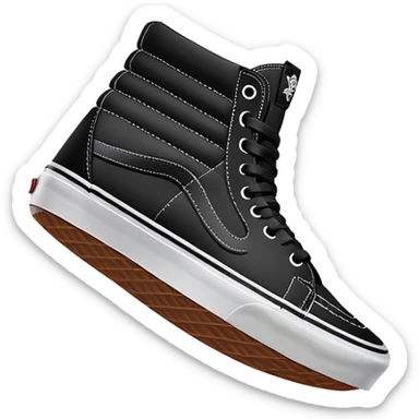 Ultra simplified pair of black Vans Sk8-Hi shoes in iOS emoji style, one positioned behind the other, flat colors, minimal design, essential details only sticker
