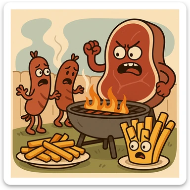 beef sirloin steak sausages on a bbq french fries potato plates   sticker