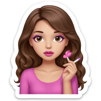 girl with long wavy brown hair, brown eyes, light to medium complexion, in a pink sexy top, pink lips, long lashes, shushing sticker