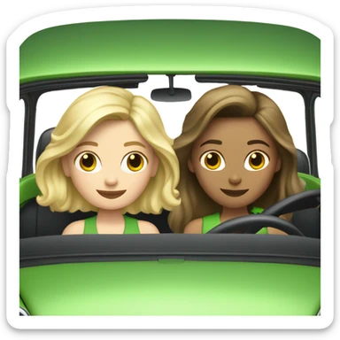 Two Caucasian, blonde girls and two Caucasian brunette girls in a green VW beetle convertible sticker