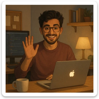 a young software engineer using a MacBook, waving and smiling at the viewer, cozy workspace, semi-realistic style sticker