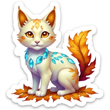 This fascinating hybrid creature combines the crystalline structure of a feline with the warm autumn foliage of a leaf being. Its core body maintains the sleek shape of a cat but is composed of translucent crystals that shift between turquoise blue and amber-orange hues. The creature's face features a blend of feline features with the gentle expression of the leaf being – sharp crystalline ears frame a round, friendly face with glowing purple-amber eyes. Most striking is how autumn leaves emerge from its crystalline body, forming a mane-like collar around its neck and sprouting along its spine and tail. These leaves shimmer with both crystalline properties and natural autumn colors – orange, gold, and deep red – with visible veining that occasionally pulses with energy. When the creature moves, the leaves rustle softly while the crystal body catches light, creating a mesmerizing display of nature and gemstone elements. full body sticker