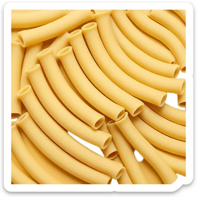 loose scatter of uncooked elbow-shaped pasta tubes in pale golden yellow, smooth matte texture, slightly curved forms, cleanly cut edges, surfaces subtly ribbed or plain, no plate, sauce, or packaging, soft lighting, subtle shadows, emoji scale sticker
