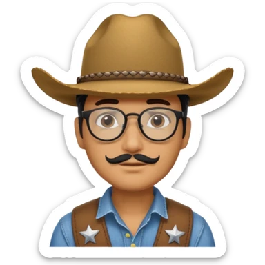 Man wearing a cow boy hat with black glasses and a chin strap   sticker