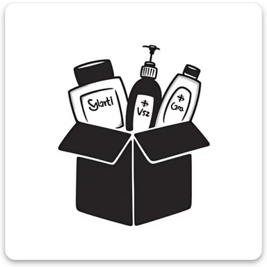 Gift bag with beauty products (shampoo, creams, styling products), a gift bag is beautyful open box full of luxury brand-labeled beauty products sticker