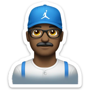 Homme blanc avec une moustache portant des lunettes bleues , une casquette jordan bleu , un survêtement bleu sticker