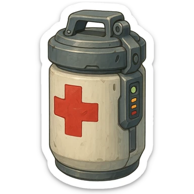 the image is the icon for a videogame insta-use item, it is a medpack- fututistic cyberpunk- resembles a canister with deadswitch grip and sensor, medical military clean plastic, opaque container, wide cylinder  sticker