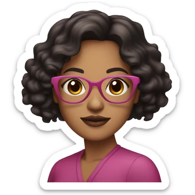 brunette woman with brown eyes, black, wavy hair, with pink glasses and short pink lips sticker