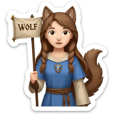 Medieval wolf girl holding a banner that say #Wolf99 sticker