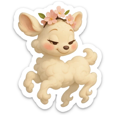 feminine vanilla cloud doe with rosy cheeks and cherry flowers on its head, floating gracefully, Pixar art style sticker