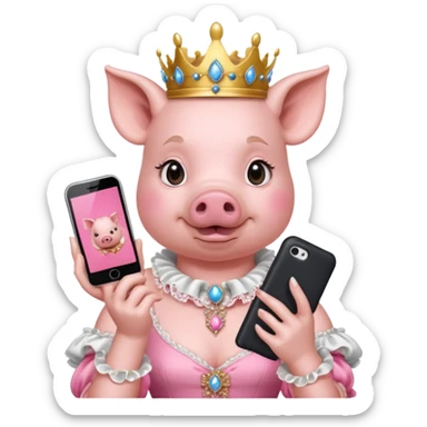Pig princess in rococo finery holding a cell phone sticker