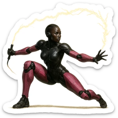 slim, powerful black female robot with small ear pieces, pink hexagonal arms and legs, holding a lightning whip by the handle in a dynamic, realistic action pose, no border, transparent background, realistic art style sticker