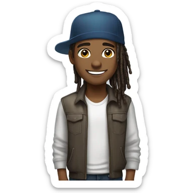 A young African-American male with short, thick dreadlocks and a friendly, confident smile. Add a stylish cap tilted slightly to the side, complementing his vibrant and approachable energy. sticker