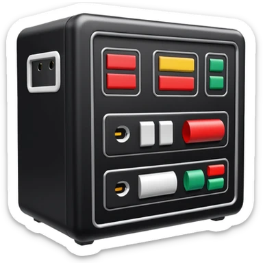 An open black hard-shell test case, inside: technical control panel, a power outlet, USB port, and colored test sockets. A large roll of white test labels lies next to the equipment, along with one red test probe. sticker