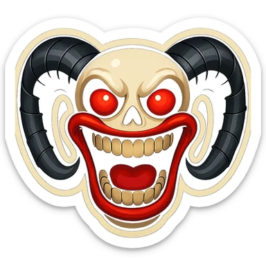 Create a bold, high-contrast logo in retro sticker style combining the main subject and features from both reference images. Include the ram-horned skull, red eyes, and wide mouth in a clean, iconic sticker-like design. Keep the subject fully inside the image borders with a strong, graphic look. sticker