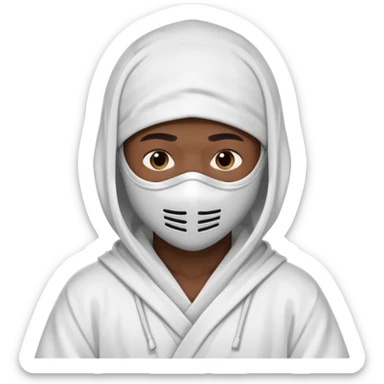 All white ninja robe with white mask to cover face and neck with a hoodie on and dark brown skin color sticker