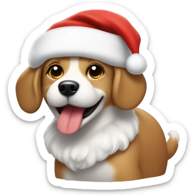 Small happy Tan dog with a white chest and nose strip, floppy ears, wearing a Santa hat sticker