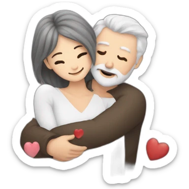 Man with gray hair and white beard hugs woman with dark brown hair with floating hearts sticker