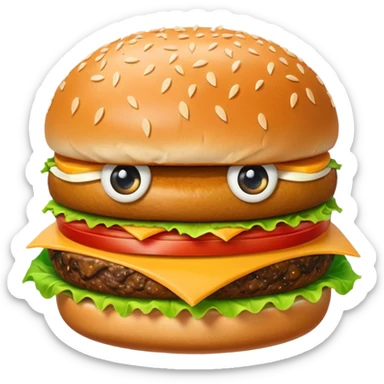 Create an image of a burger face with eyes and mouth pooping up in blue background sticker