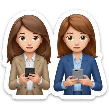 two brown haired girls, looking professional maybe leaned back on back and looking forward and using phones, with longer hair and with some cute clothes without ties, blowout hair, one girl can hold lap top athoer one can hold the phone sticker