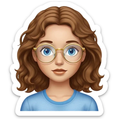 Girl with light skin, wavy brown hair, blue eyes, freckles, and gold glasses sticker