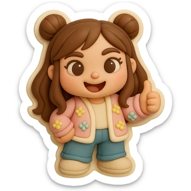 3D chibi fondant cake art style, high-quality rendering with smooth shadows and soft gradients. Girl based on reference image with preserved facial features and eye shape, long brown hair in two space buns, brown eyes, jeans, pastel floral cardigan, shoes, thick white outline like a sticker, transparent background. Thumbs up, happy expression. Ensure the face, hairstyle, eye shape, and shoes match the reference exactly. sticker