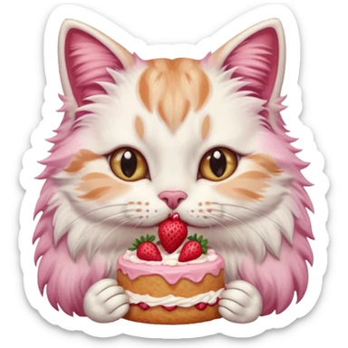 Close-up portrait of a fluffy cat eating a strawberry cake, pink cream on its nose and whiskers, detailed fur texture, soft natural light, shallow depth of field, high resolution, cute and candid moment
, sticker