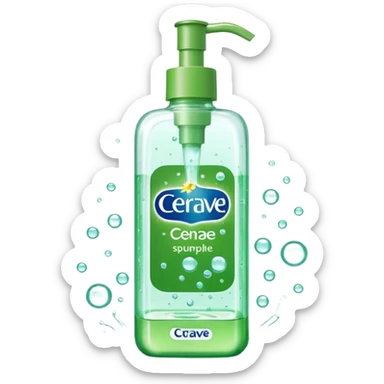 `CeraVe-shaped white rectangular pump bottle with soft green label CeraVe” stripe. Surrounded by floating water bubbles, glowing light particles, and a gentle green mist. Feels like a calm hydration spell in a bottle. Clean, glossy, emoji-style.`magical
 sticker