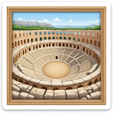 Cinematic Realistic Pula Arena Landmark Emoji, showcasing the ancient Roman amphitheater rendered with detailed weathered stone textures and dramatic lighting. sticker