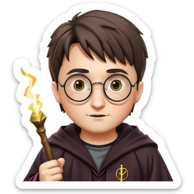 Harry Potter with round glasses, lightning scar, and wizard robes sticker