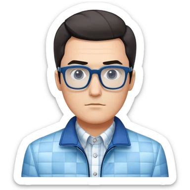 Man with square face, large dark square glasses, short straight hair combed to the side. Serious-relaxed expression. Light blue jacket, white shirt with blue checkered pattern. sticker