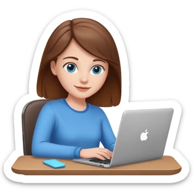 white girl, brown hair, blue eyes, typing on a laptop, relaxed and happy sticker