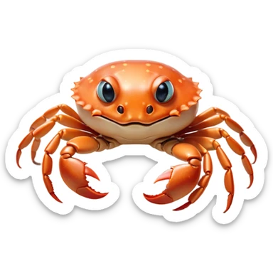 Cinematic Cute Baby Crab Portrait Emoji, Head tilted playfully and inquisitively, featuring an adorably small form with a delicately patterned carapace, round, sparkling eyes, and tiny, endearing pincers, Simplified yet irresistibly adorable features, highly detailed, glowing with a warm, friendly coastal glow, high shine, affectionate and lively, stylized with a touch of seaside whimsy, soft glowing outline, capturing the essence of a mischievous yet loving baby crab that seems as if it could pinch its way out of the screen into your arms! sticker
