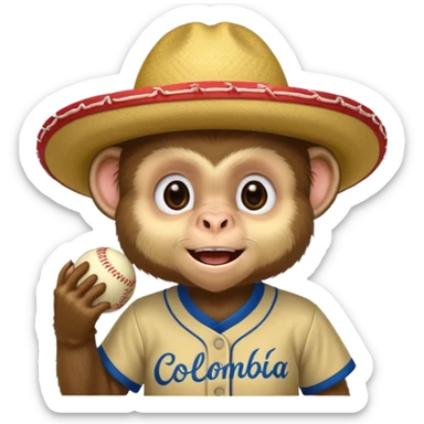 Crear una mascota que sea un mono capuchino sobre el cual predomine el color café, cara clara y expresiva, alegre, atlético, que lleve uniforme de softbol que diga Colombia, con un sombrero vueltiao' un poco inclinado que se vea personalizado con el nombre YAIFER sticker