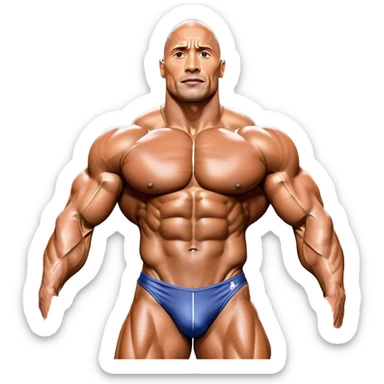 Dwayne Johnson, oiled and posing at the Mr. Universe bodybuilding championship, showcasing his muscular physique in an iconic display of strength. The background features the stage with judges and audience, capturing the intensity and prestige of the competition. Transparent background. sticker