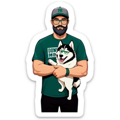 A bold man with a grey baseball cap, green eyes, big beard and glasses holding a husky dog sticker