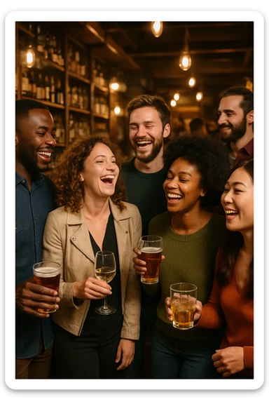 A realistic bar party scene with a diverse group of people socializing, laughing, and holding drinks, set in a cozy bar with warm lighting and wooden decor, 9:16 aspect ratio. sticker