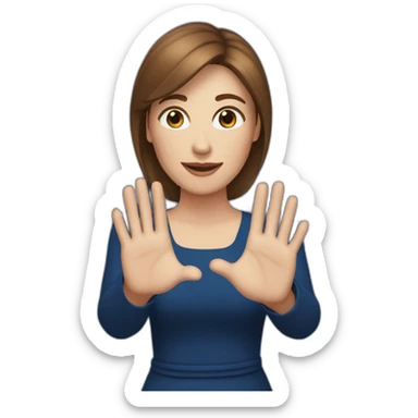 A white woman with brown hair, with long earrings and dark blue dress and making a heart symbol with her hands sticker