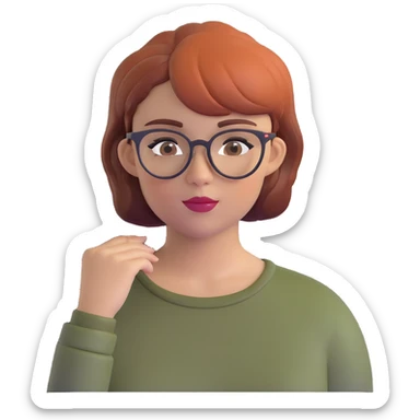 woman in her 20s with auburn pixie cut (side part) and glasses sticker